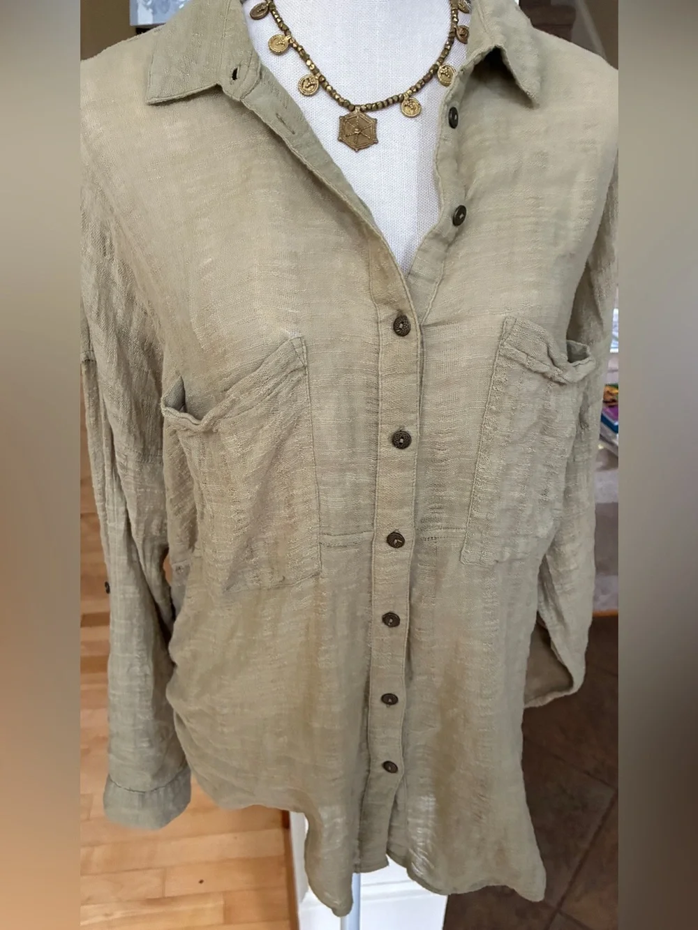 Free People Celery Green Textured Button-Down Shirt with tie back